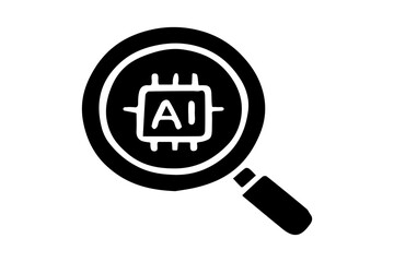The image is a solid black silhouette icon featuring a magnifying glass with a microchip and the 