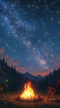 Exploring a serene night camping under the stars with a cozy campfire and a vintage van. Loop animation
