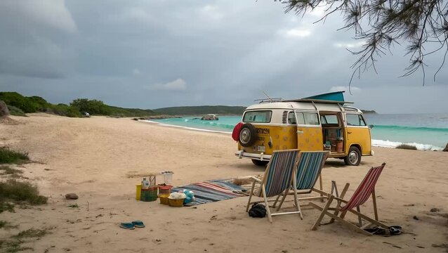 Vintage van speeding along the sandy shoreline with deck chairs and gear swaying on its roof. ocean waves crashing and flowing