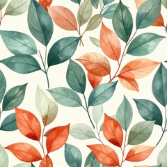 Obraz premium A seamless watercolor pattern featuring elegant red and green leaves on a light cream background.
