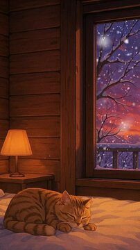 Cozy cabin with a sleeping cat and snowy sunset view from the window. Loop animation