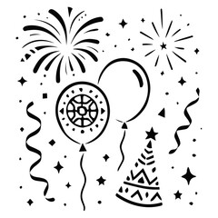 Fototapeta premium Celebration Party Elements Black Vector Illustration, Balloons, Fireworks, Ribbons, and Confetti for Festive Designs, Editable Formats: AI, EPS, JPG, PNG, Ideal for Both Digital and Print Use 