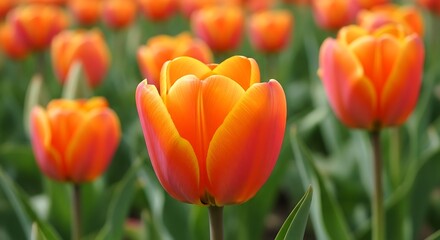 Fototapeta premium Close-up Vibrant Orange Tulips Blooming in a Lush Green Field during Springtime capturing the