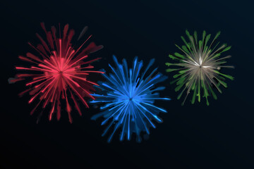 Fototapeta premium Three colorful fireworks illustration on a dark background perfect for celebrations and festive occasions graphic resource