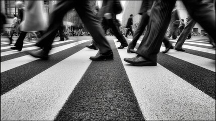 Obraz premium Black and white low-angle shot of people crossing a street, urban movement, daily commute, pedestrian traffic, and dynamic city life.