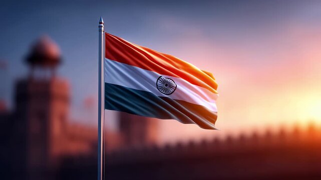 Tricolor Indian flag waving in the wind with a glowing sunrise behind Red Fort