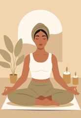 Vector flat illustration of dark-skinned woman in lotus position meditating on a mat in a cozy room. Atmosphere of calm, candles, self-care, yoga and inner balance. Use for women's health projects