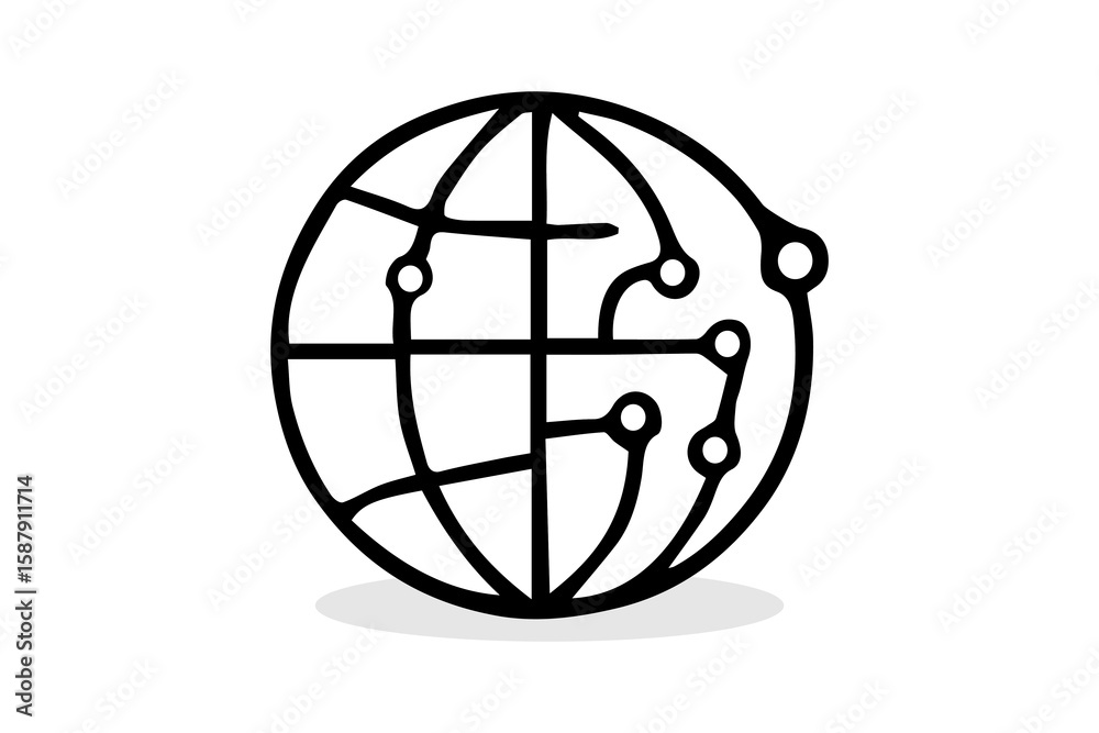 Wall mural the image is a black and white line art icon depicting a globe with integrated circuit or network el