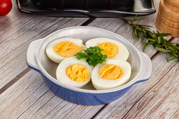 Boiled chicken eggs with bright yolk