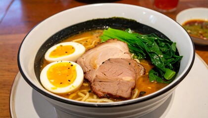 traditional ramen noodle soup with brisket, spinach and egg. 