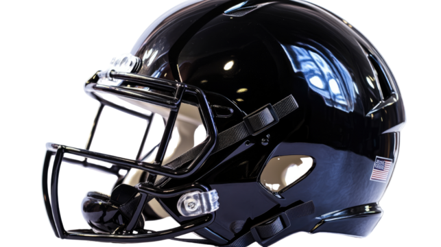 Black protective football helmet with faceguard isolated on white background
