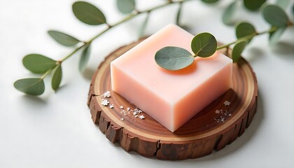 Light Pink Soap Bar on Wooden Board with Eucalyptus Leaves, Pink soap, eucalyptus leaves on wood, Cosmetic mockup, created with generative ai