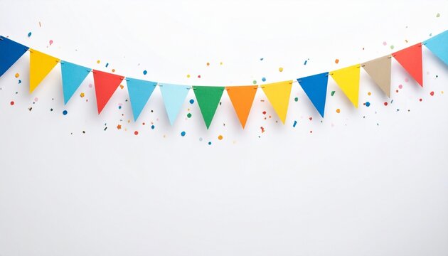 A festive string of colorful triangular pennant flags in vibrant hues—red, pink, orange, yellow, green, blue, and purple