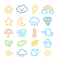 Collection of colorful, hand-drawn weather and nature icons.