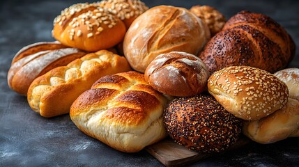 Assorted Freshly Baked Bread and Rolls Displayed on a Rustic Wooden Board