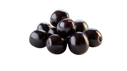 Fresh black olives in natural glossy texture isolated on white background
