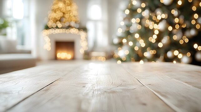 A warm holiday setting featuring a rustic wooden table and a blurred background with a glowing Christmas tree and fireplace - Powered by Adobe
