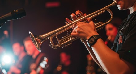 Fototapeta premium Close-up of a trumpet player performing live on stage in a jazz club