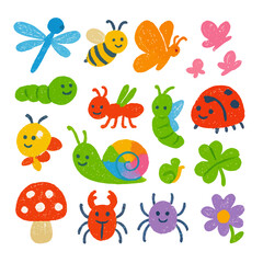 Fototapeta premium Colorful cartoon insects and other nature elements, designed for children.