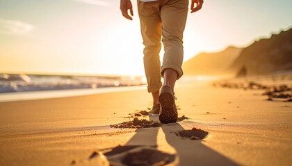 Sunset stroll: Relaxing walk on sandy beach during golden hour with soft light