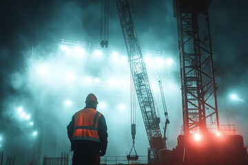 A crane construction operator works late into the night. Heavy machinery excavator operator, wearing a high-visibility safety vest and helmet
