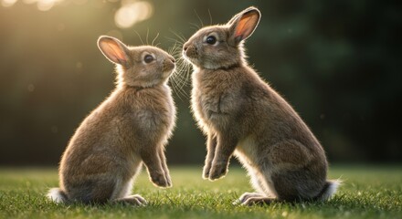 Enchanting Encounter, Two Adorable Rabbits Sharing a Gentle Moment in the Meadow at Golden Hour with Soft Sunlight