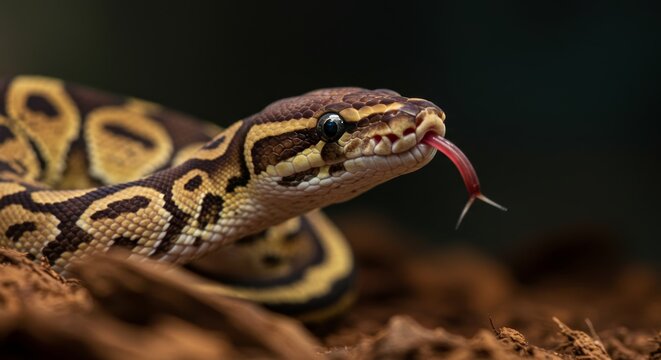 Detailed close-up of a ball python showcasing its unique patterns and forked tongue