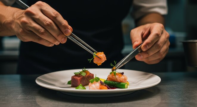 Close-up of chef delicately plating food with tweezers in a restaurant kitchen demonstrating culinary expertise and food presentation