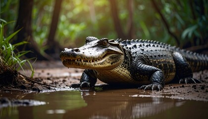 Fototapeta premium Captivating wildlife portrait: American crocodile basking in its natural habitat