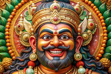 Vibrant and ornate sculpture of a smiling deity with golden adornments
