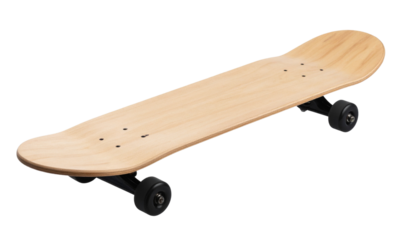 Skateboard with detailed deck, grip tape, and visible wheels and trucks, shown from a side or angled view. Isolated on a white or transparent PNG background