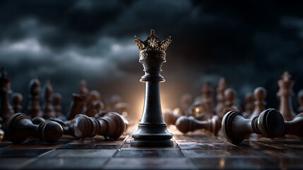 Mastering chess strategy leadership concept and business victory on the spotlight chessboard with the king chess piece