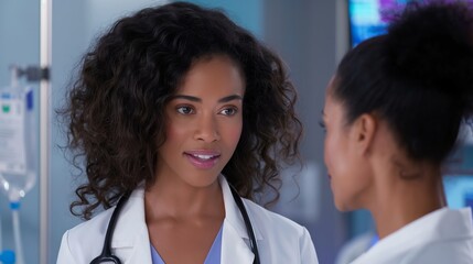African American female medical professionals discussing patient diagnosis, reviewing medical charts together in hospital setting, demonstrating collaborative healthcare approach