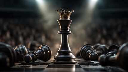 Mastering chess strategy leadership concept with king chess piece on spotlight chessboard for business victory