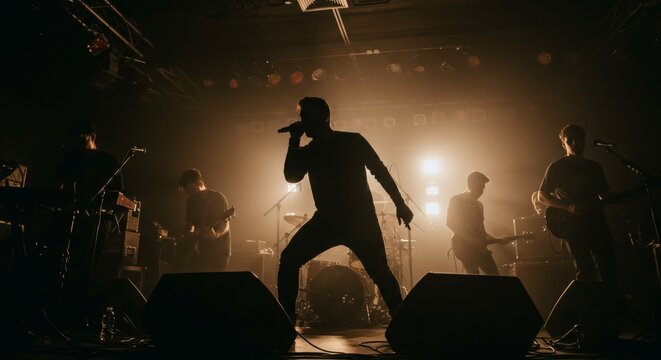 Energetic performance of rock band during live concert under stage light