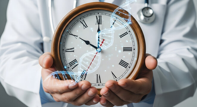 Doctor holding a clock with a glowing dna helix symbolizing genetic time and health