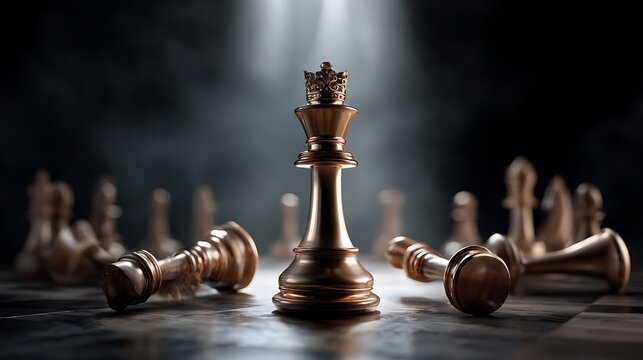 Mastering chess strategy leadership concept and business victory with king chess piece on spotlight chessboard