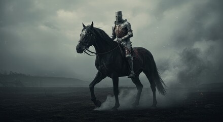 Medieval Knight on Horseback Amidst a Dark and Mysterious Landscape