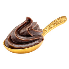 Golden Spoon With Rich Chocolate Sauce Isolated On White