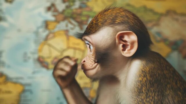 A baby monkey is sitting on a map. The map is yellow and has a blue border. The monkey is looking at the camera