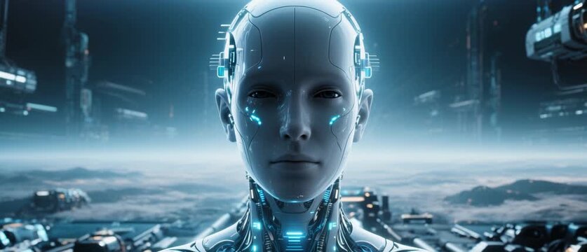 Close-Up of an Advanced AI Robot Amidst a Sci-Fi Landscape, High-Tech Illustration