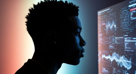 Focused Analyst Examines Complex Data on High-Tech Display Screen