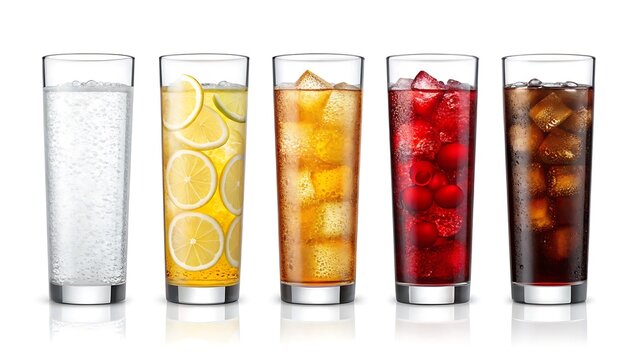 Five tall glasses filled with refreshing beverages including sparkling water lemon drink iced tea cherry soda and cola on a white background