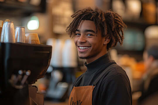 Smiling Barista in Modern Coffee Shop with Professional Equipment