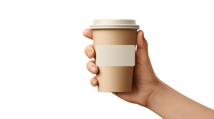 A hand holding a recyclable coffee cup with a blank label on a white isolated background.