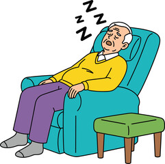 Elderly Man Sleeping Peacefully in Recliner Chair with Zzzs, Representing Relaxation, Comfort, and Senior Leisure Time, Cad Drawing Flat Vector Illustration