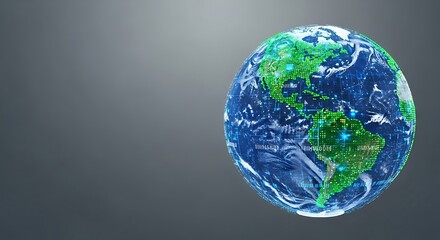 Digital Earth globe displaying interconnected data networks on a gray background showcasing global