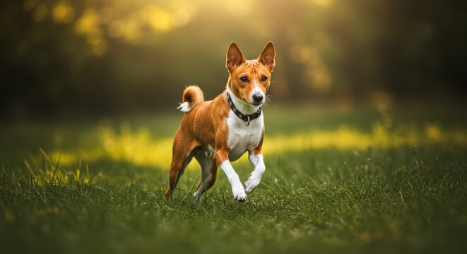 Energetic Basenji dog running freely through lush green grass field