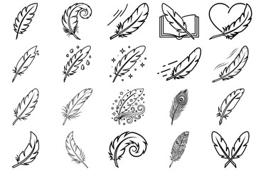 Fototapeta premium Feather Silhouette Collection: A collection of beautifully drawn feathers, each with unique characteristics and styles, artfully arranged in a display of artistic elegance and whimsical charm.