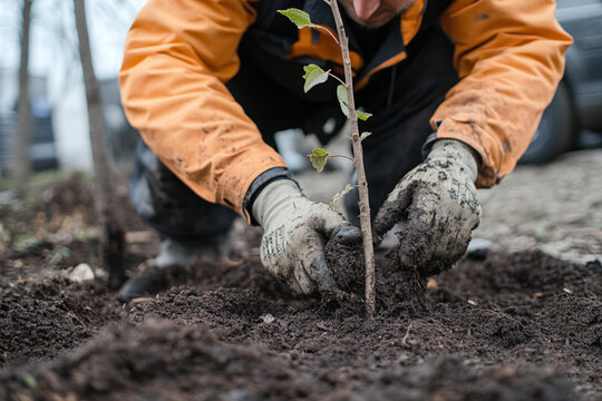 Person Planting a Young Tree in Soil with Focus on Hands

